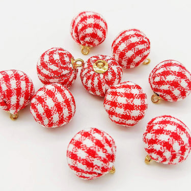 Red and White Checkered Cotton Small Fabric Balls Tassel, Button with Ring Cap, Decorative Tassels